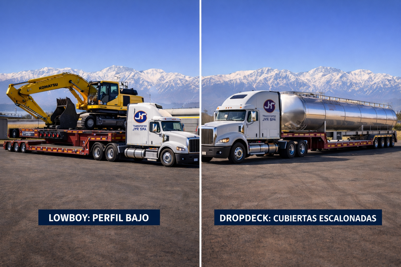 Comparativa técnica de camiones cama baja (izquierda) y dropdeck (derecha) en Transportes JYR Chile.