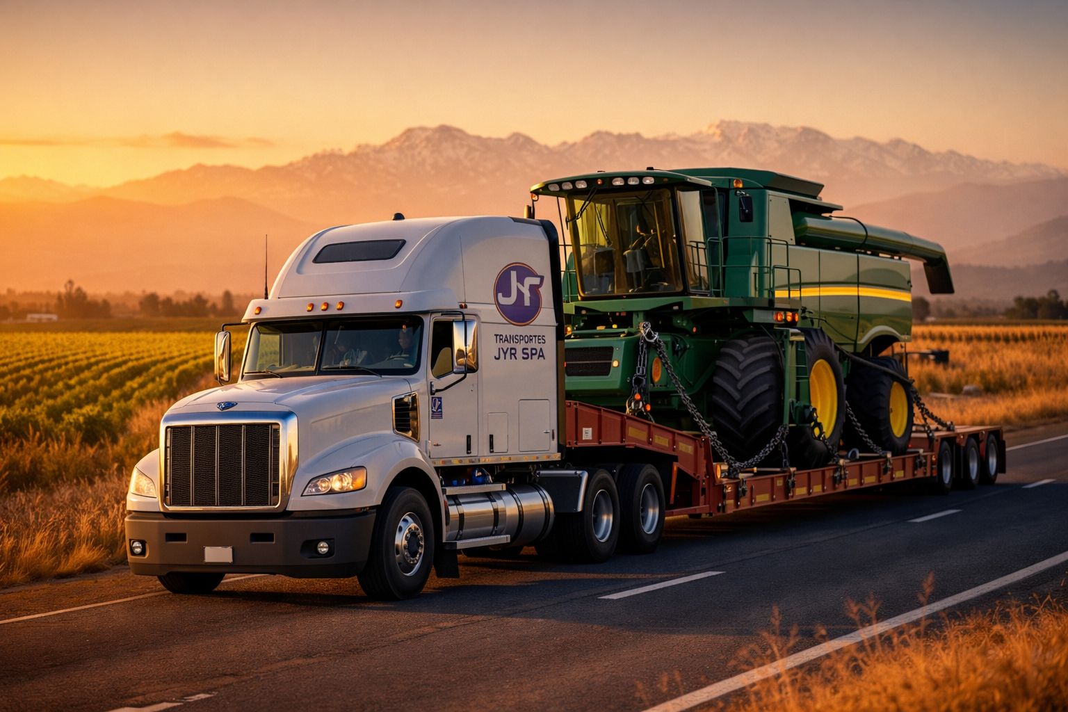 Camión de Transportes JYR trasladando una cosechadora agrícola en cama baja por el valle central de Chile.