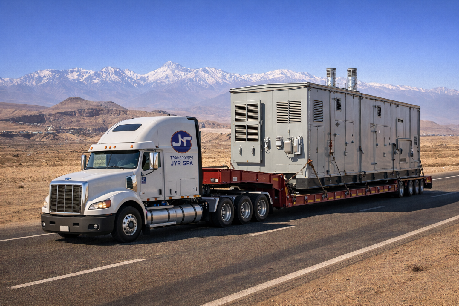 Camión de Transportes JYR trasladando una sala eléctrica industrial hacia una faena minera en el norte de Chile.