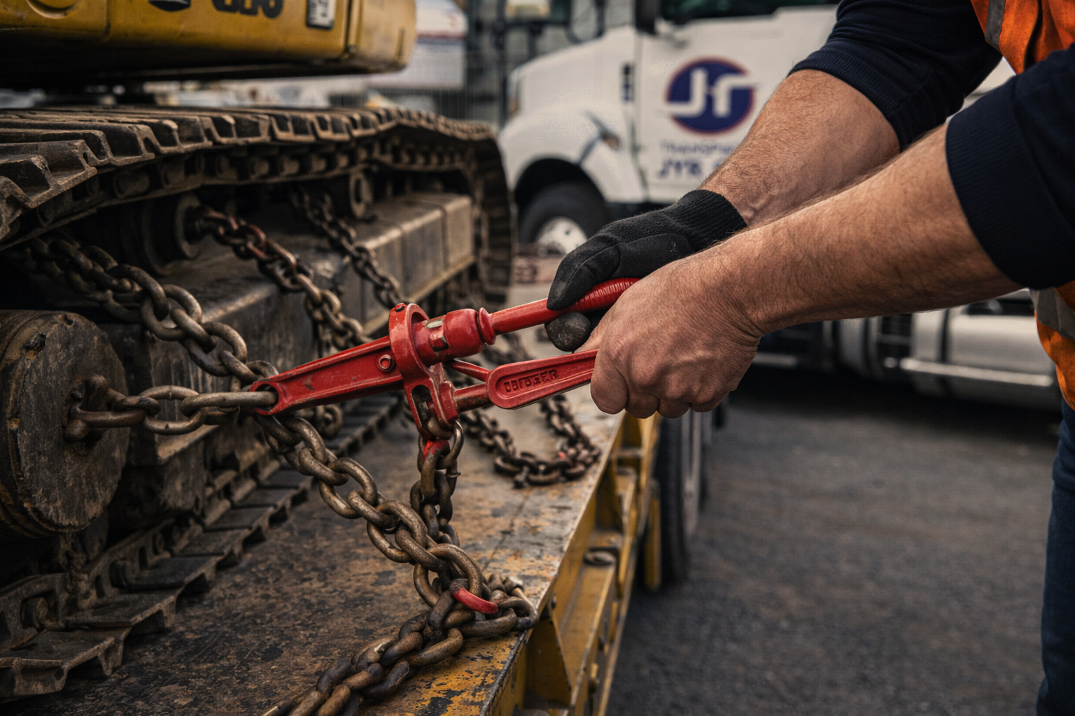 Operador ejecutando el trincado de maquinaria pesada con cadenas certificadas en remolque de Transportes JYR en Chile.